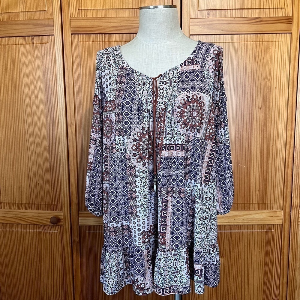 Style & Co 0X Long Boho Tie Front Long Sleeve Blouse Ruffle Hem Casual Chic - Picture 2 of 11
